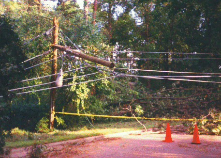 Power pole twisted and broken